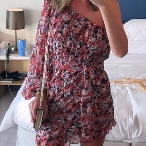 Vici One-Shoulder Floral Mini Dress in Pink and Black